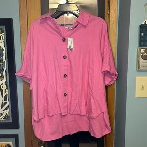 Pink Linen Short Sleeved Button Up Shirt